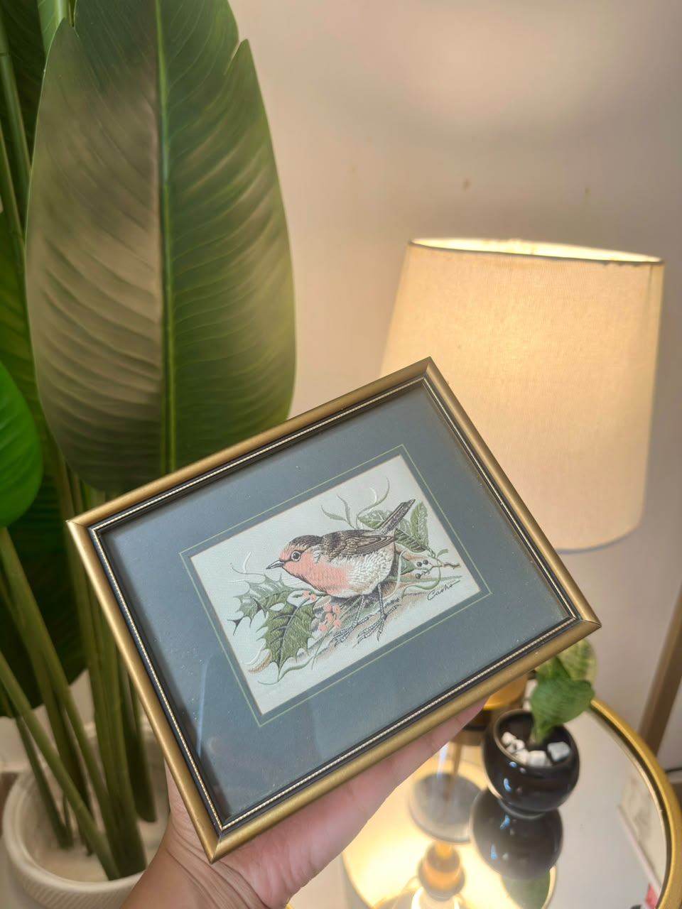 Vintage Embroidered Robin Framed Art