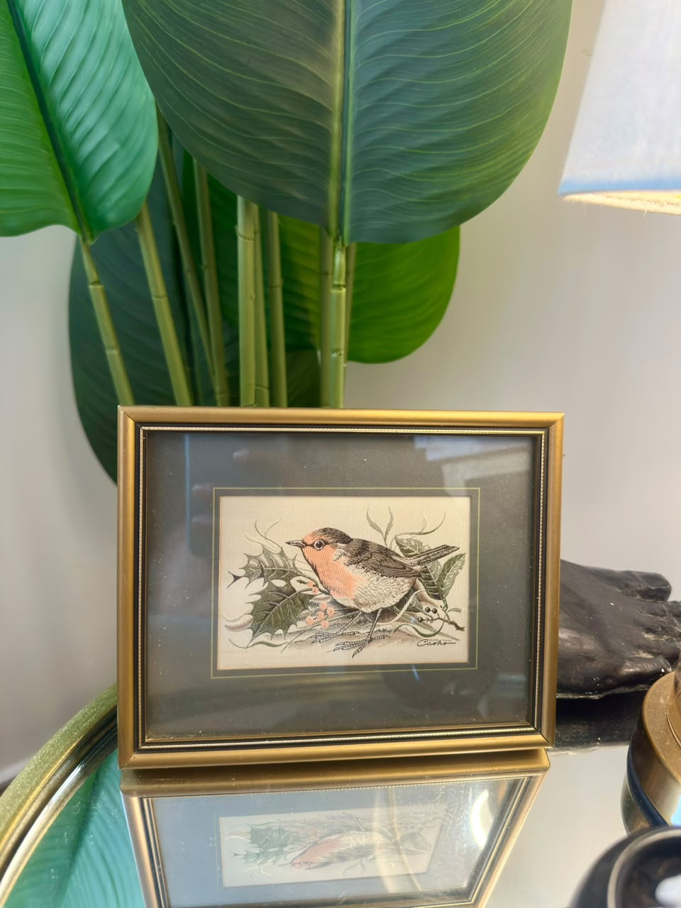 Vintage Embroidered Robin Framed Art